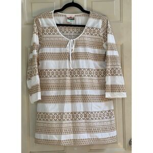 Cake Couture Boho Embroidered Eyelet Lace Up Tunic Top White Khaki M/L